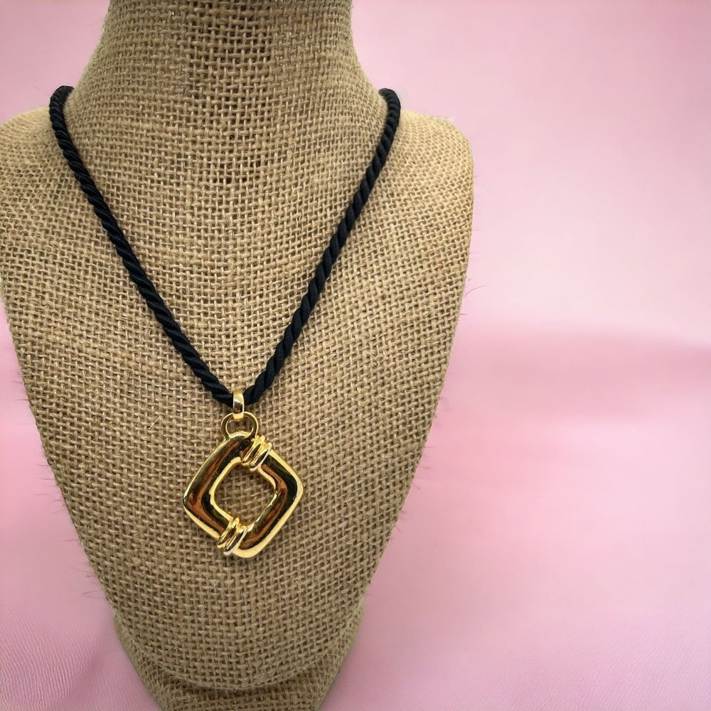 David Grau Gold Tone Black Twist Necklace Square Open Pendant 26"